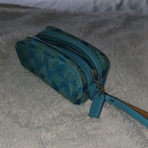 Coach Teal Signature Double-Zip Wristlet